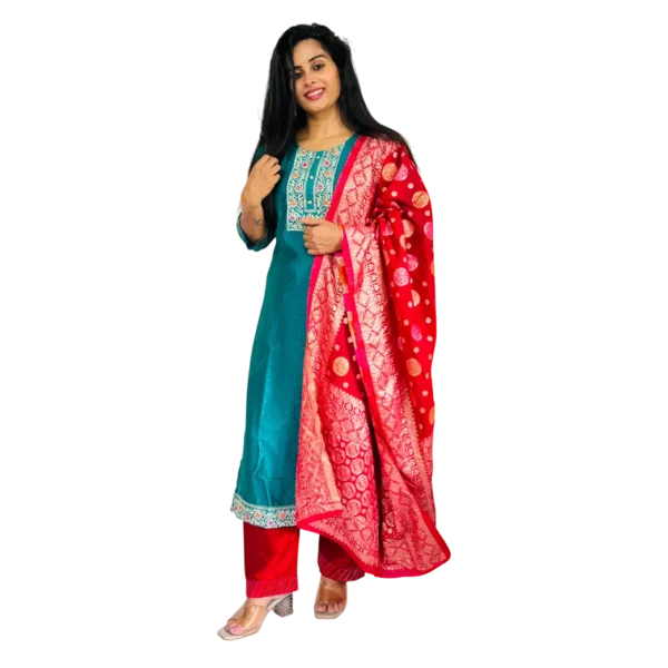Zyroka Teal & Red Banarasi Kurta Set - Image 2