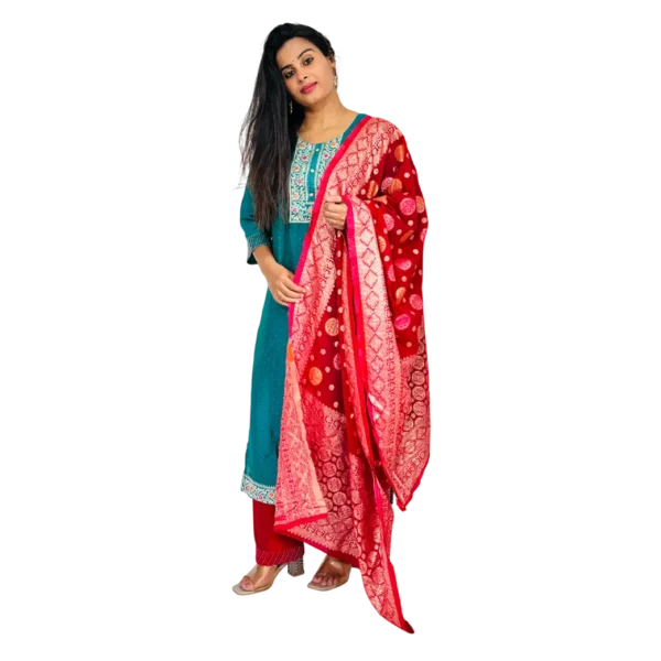 Zyroka Teal & Red Banarasi Kurta Set - Image 3