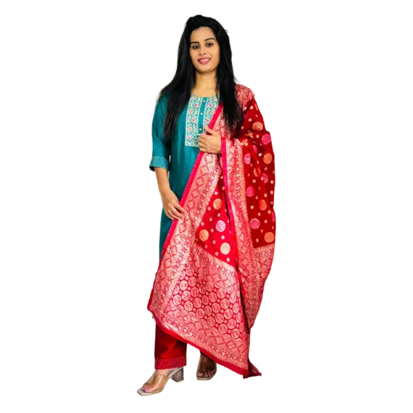 Zyroka Teal & Red Banarasi Kurta Set